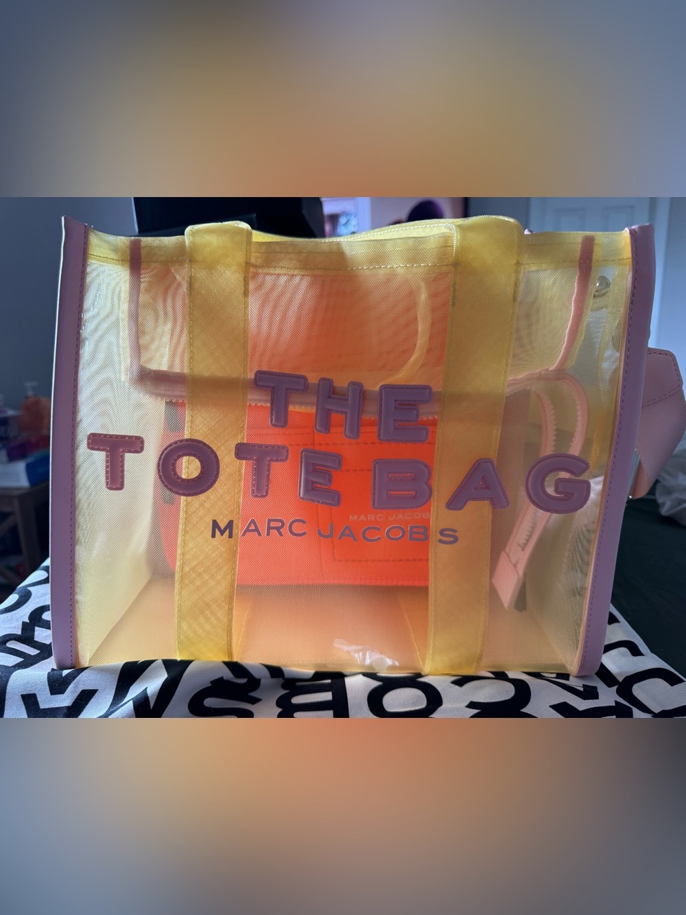 Marc Jacobs Yellow Transparent Tote with Neon Orange Insert and Purple Logo